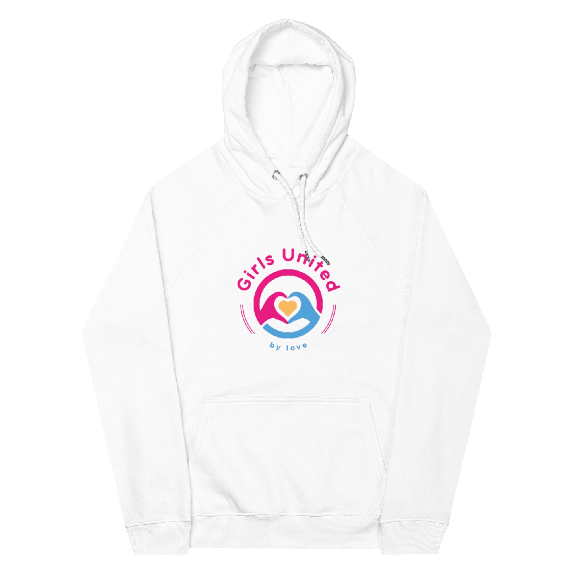 Girls United By Love logo Unisex eco raglan hoodie Adult size