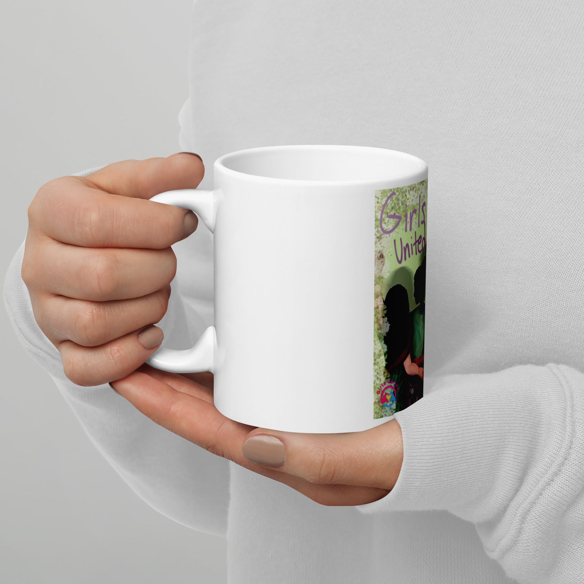 Girls United by Love White glossy mug