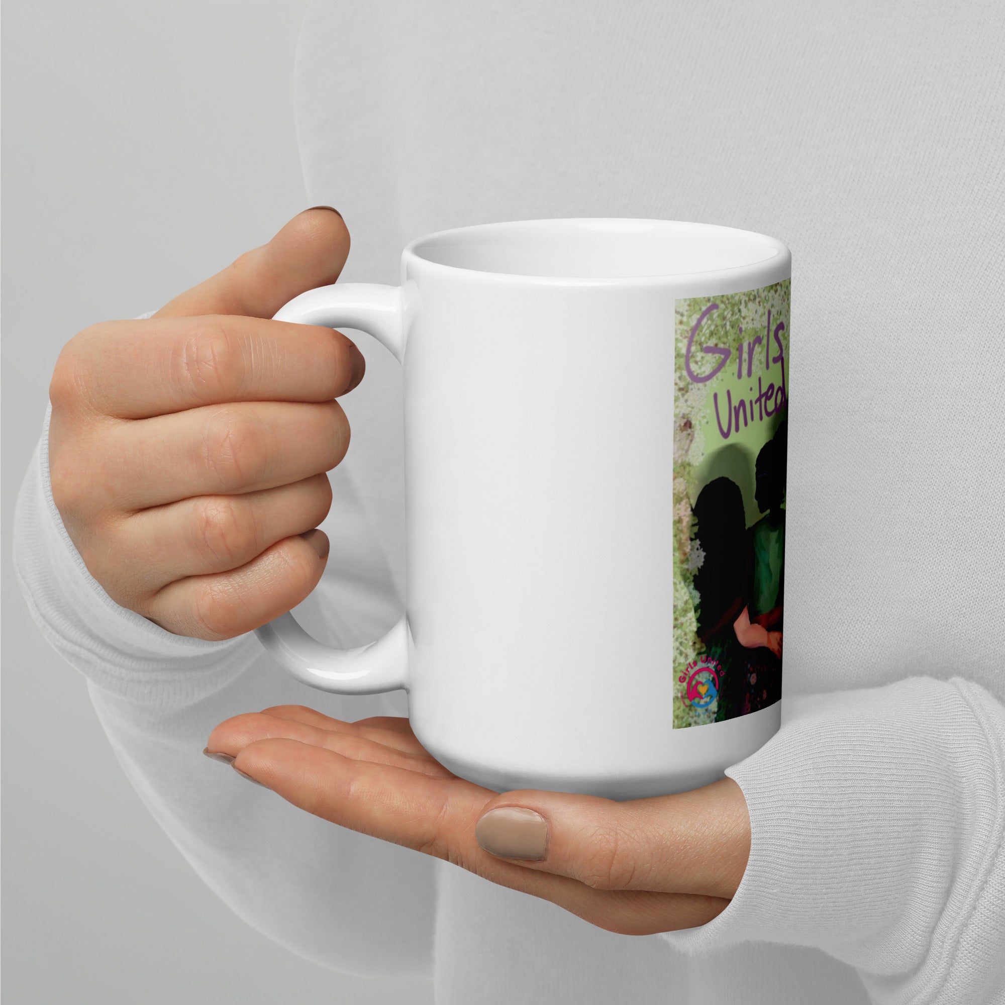 Girls United by Love White glossy mug